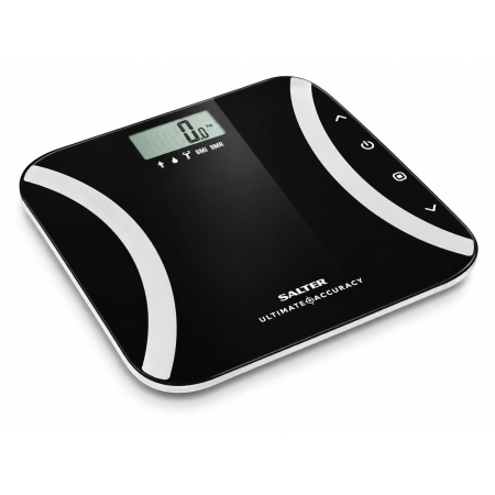 Czarna waga osobowa Salter 9173 BK3R 180 kg z analizą BMI i BMR – widok z boku